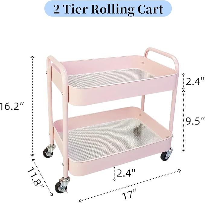 2 Tier Pink Rolling Cart with Wheels - Image 6