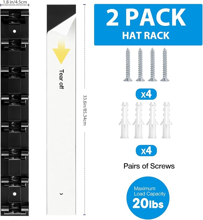 2 Pack Hat Organizer for Baseball Caps, Hat Rack for Wall Hold Up to 16 Hats - Image 2