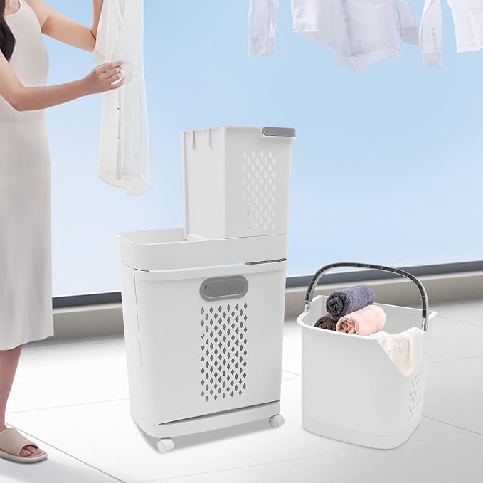 2-Tier Rolling Laundry Basket, Space-Saving Removable Clothes Hamper Organizer - Image 7
