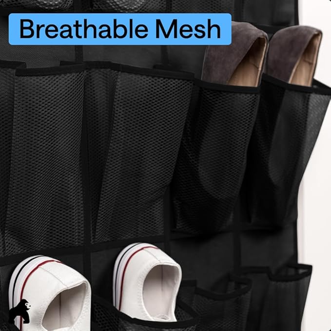 GORILLA GRIP Over the Door Shoe Organizer, 2 Pack, 24 Breathable Mesh Pockets - Image 5