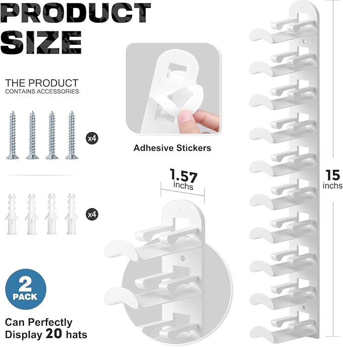 Hat Hook for Wall, 2 Pack Hat Organizer Hold up to 20 Hats, Hat Holder - Image 2