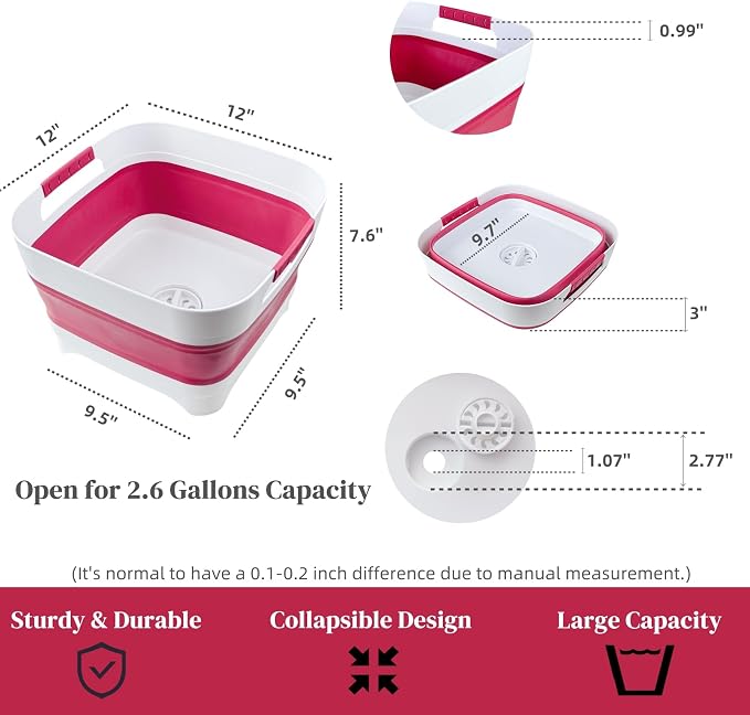 2.6 Gal Collapsible Camping Sink, Magenta Space-Saving Collapsible Dish Basin - Image 3