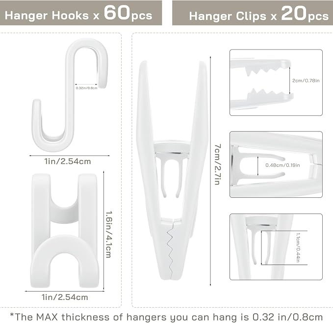 Tinfol White 60pc Clothes Hanger Connector Hooks and 20pc Hanger Clips - Image 2