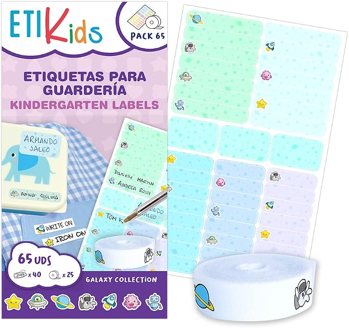 ETIKIDS - Galaxy Label Pack, 65 Vinyl Adhesive and Iron-on Labels, Essential by ETIKIDS