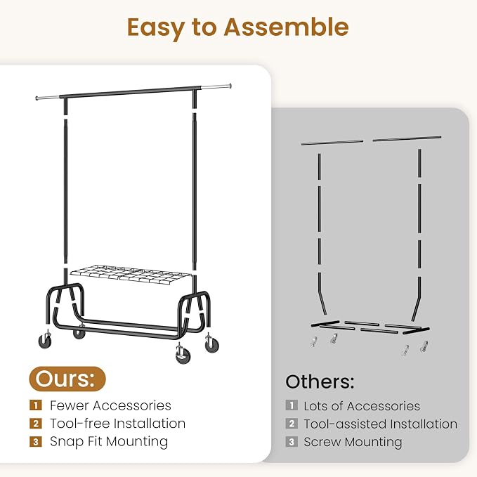 Heavy-duty Clothing Rack with Wheels, Rolling Clothes Rack with Shelf, Clothes - Image 5