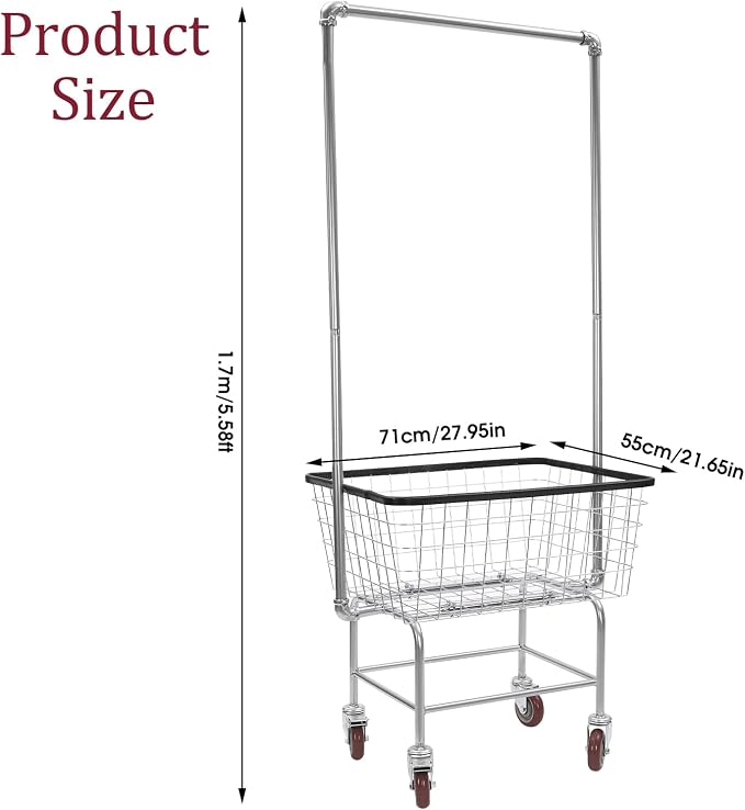 Wire Laundry Cart with Hanging Rack, Wire Laundry Basket With Wheels - Image 7