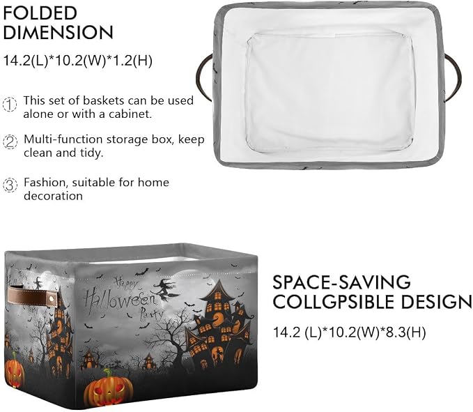 Halloween Spooky Witch Castle Storage Basket Fabric Kitchen Baskets Black Bat - Image 3