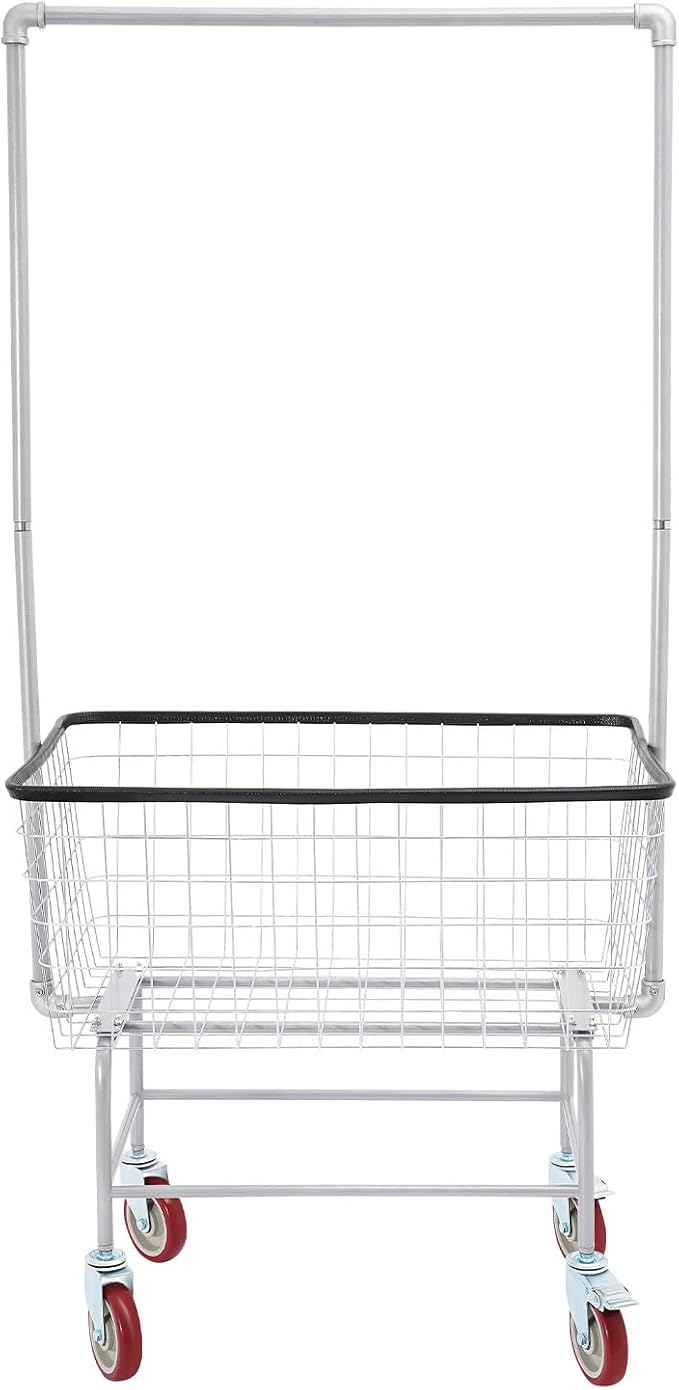 Laundry Cart with Wheels, Metal Laundry Hamper with Storage Basket and Hanging - Image 4