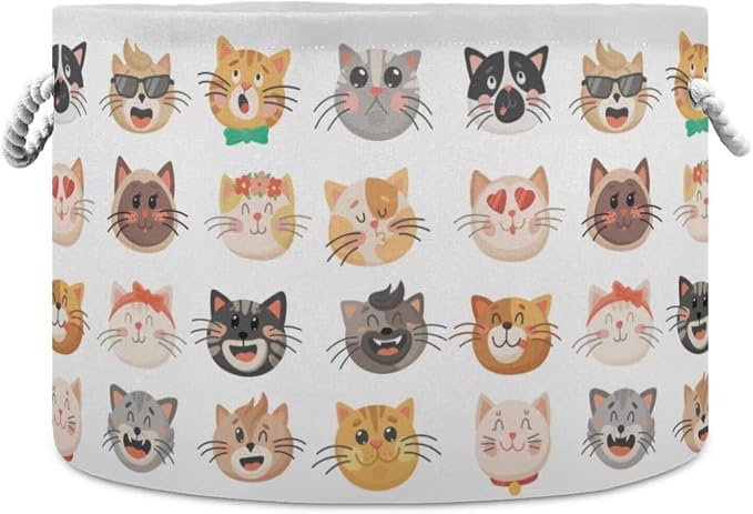 Cat Face Print Round Storage Basket Cute Kitten Large Laundry Hamper 20 x 20 x by Unknown