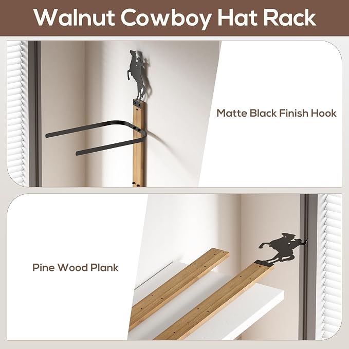 Cowboy Hat Rack for Wall – 3-Piece Wooden & Metal Western Hat Holder, Rustic - Image 7