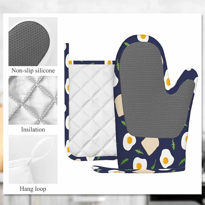 Mxocom Fried Eggs Toast Bread and Arugula Silicone Oven Mitts and Pot Holders - Image 6