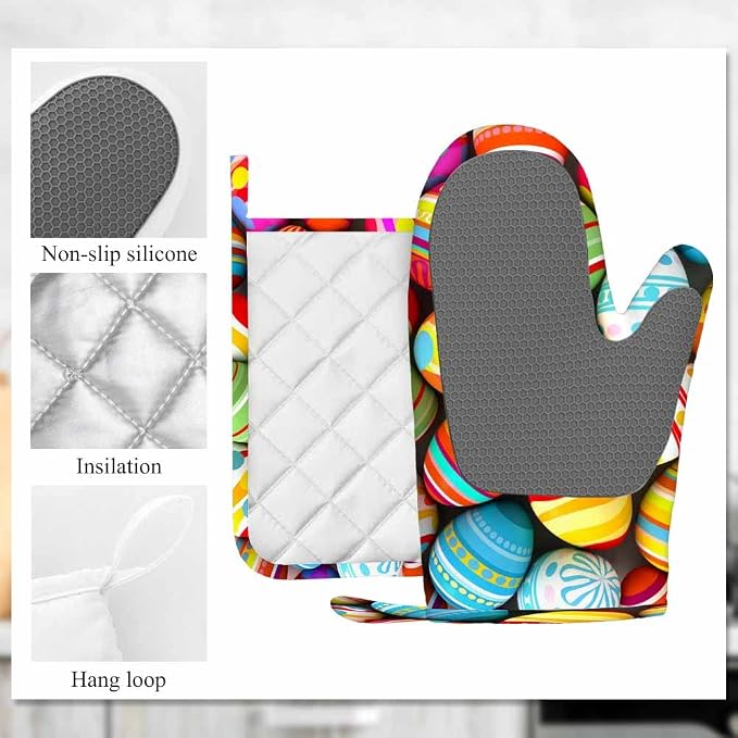 Mxocom Easter Eggs Heat-Resistant Oven Mitts and Pot Holder Painted Egg Stripes - Image 6