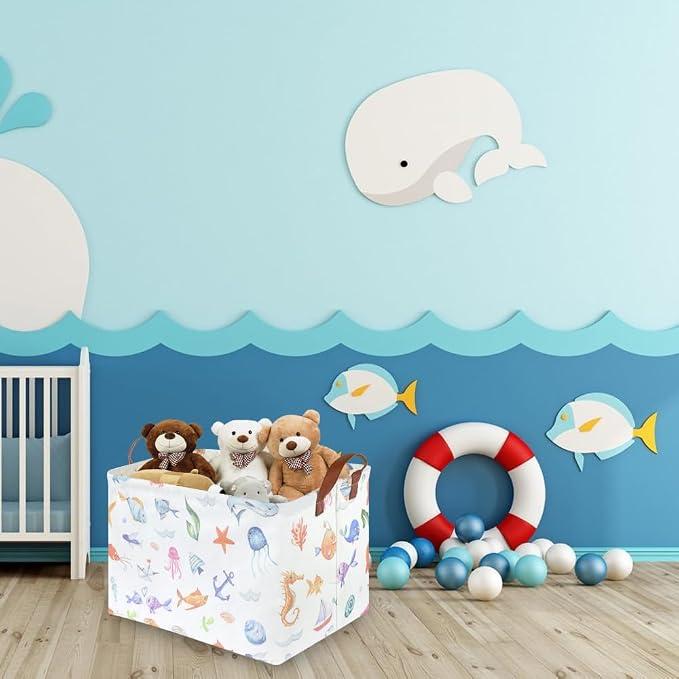 Rectangle Fish Basket, Ocean Animals Waterproof Kids foldable Laundry Basket - Image 2