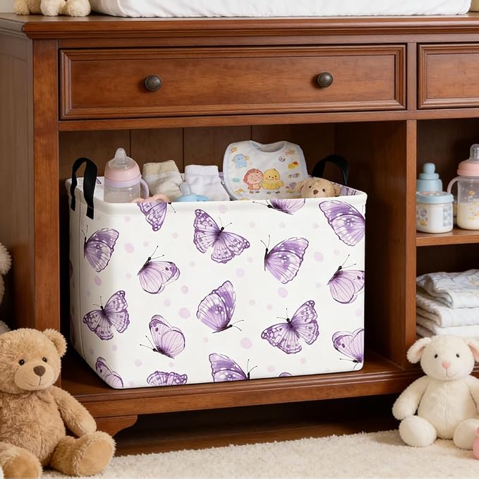 Rectangular Purple butterfly basket, Books Storage Basket, Collapsible Storage - Image 3