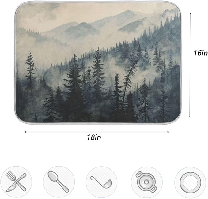 Famous Foggy Mountains Forest Trees Absorbent Dish Drying Mat Microfiber - Image 4