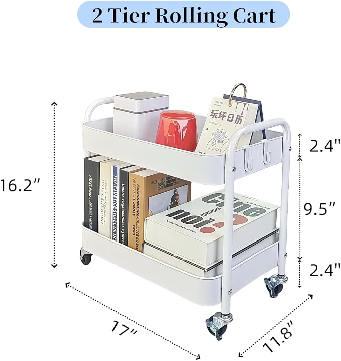 2 Tier Metal Rolling Cart with Wheels - Image 6
