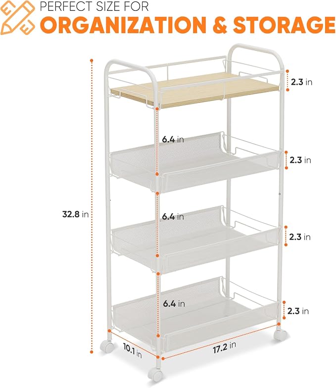 Sekey 4 Tier Rolling Cart Metal, Slim Storage Cart - Image 2