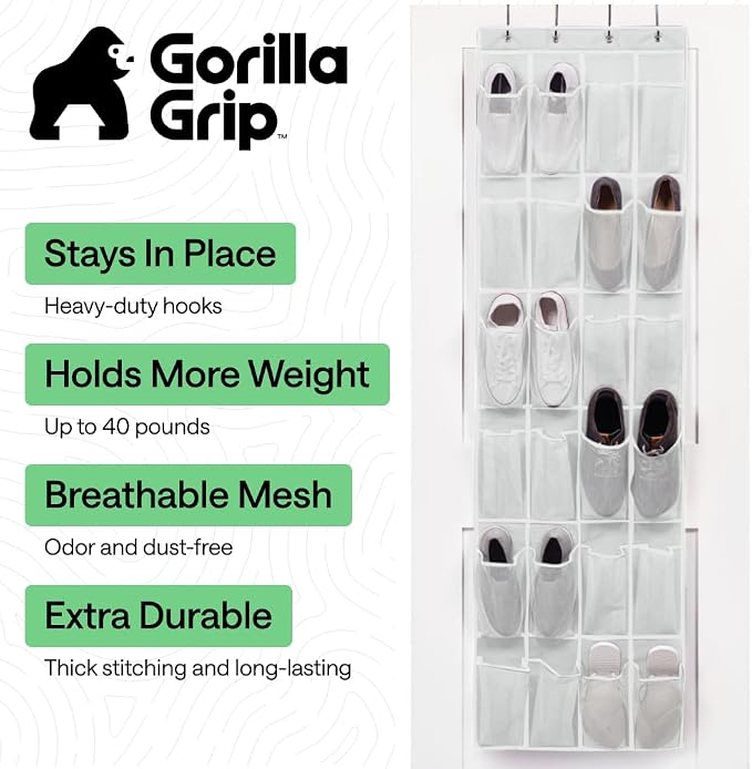 GORILLA GRIP Over the Door Shoe Organizer, 2 Pack, 24 Breathable Mesh Pockets - Image 2