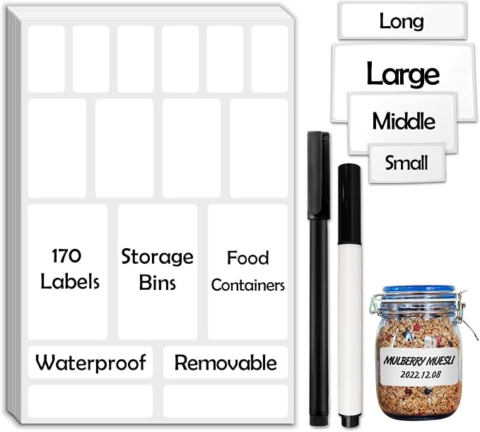 170Pcs White Removable Labels for Jars, for Storage Bins, for Food Containers by JIEHENG