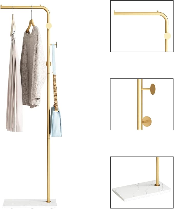 Gold Coat Rack with White Base, Freestanding Entryway Rack with 3 Hooks - Image 2