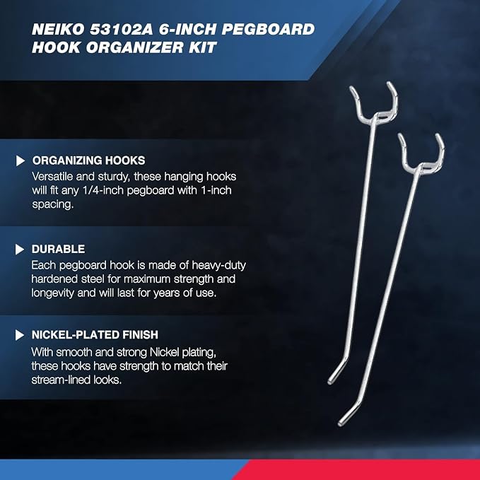 Neiko 53102A 6” Pegboard Hook Organizer Kit, 50 Pack, Hanging Hooks Set - Image 2