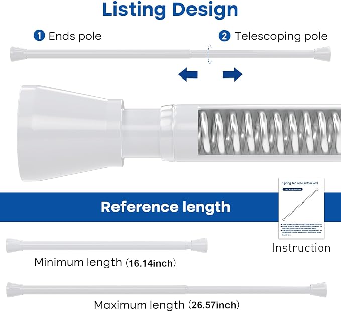 Tension Rods 16 to 26 Inch White Tension Curtain Rod Small Tension Rod - Image 2