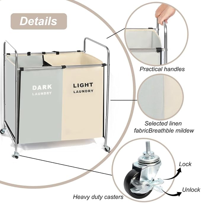 Double Compartment Rolling Laundry Sorter Cart - Image 7
