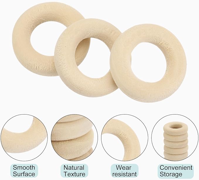 MECCANIXITY 70pcs 0.6" Unfinished Wooden Rings Smooth Natural Wood Macrame Rings - Image 3