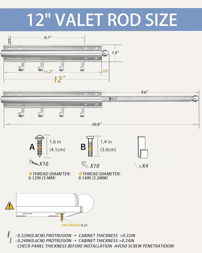 Aluminum Valet Rod, 12 in Heavy Duty Pull Out Closet Valet Rod - Image 2