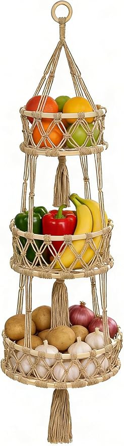 3 Tier Hanging Fruit Baskets for Kitchen, Macrame Plant Hanger Cotton Rope by Unknown