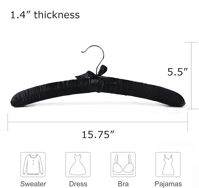 Black Satin Padded Sweater Hangers 10 Pack, Blouse Hanger - Image 2