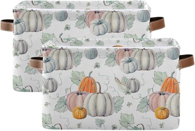 Fall Pumpkin Storage Basket Fabric Kitchen Baskets Autumn Maple Leaves Open - Image 2