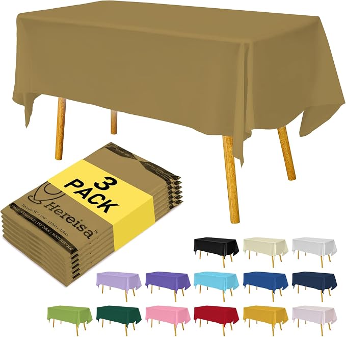 Plastic Gold Tablecloths 3 Pack Disposable Table Covers 54 x 108 Inch Golden by Hereisa