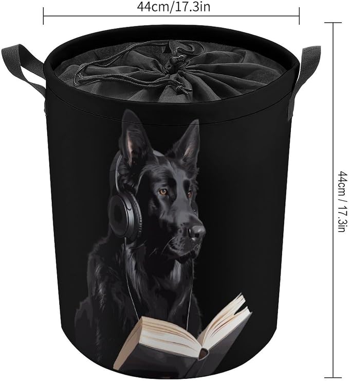 German Shepherd Wearing Headphones Reading Round Laundry Bag Collapsible - Image 2