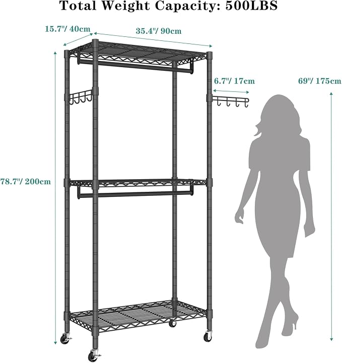 Heavy Duty Rolling Garment Rack, 3 Tiers Wire Shelves Adjustable Freestanding - Image 5