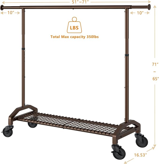 Heavy Duty Clothes Rack for Hanging Clothes Extendable Rolling Clothing Rack - Image 3
