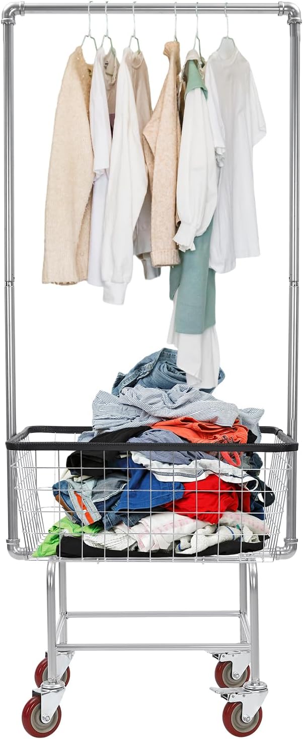 Laundry Cart with Wheels and Hanging Rack, Heavy Duty Wire Laundry Cart by Unknown
