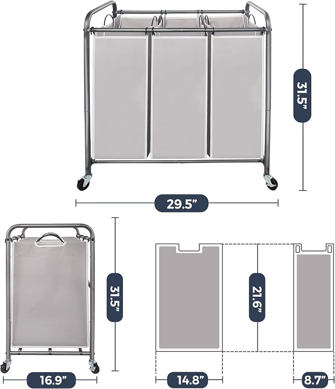 STO STO Laundry Sorter 3 Section, 3 Bag Clothes Hamper, Rolling Laundry Cart - Image 6
