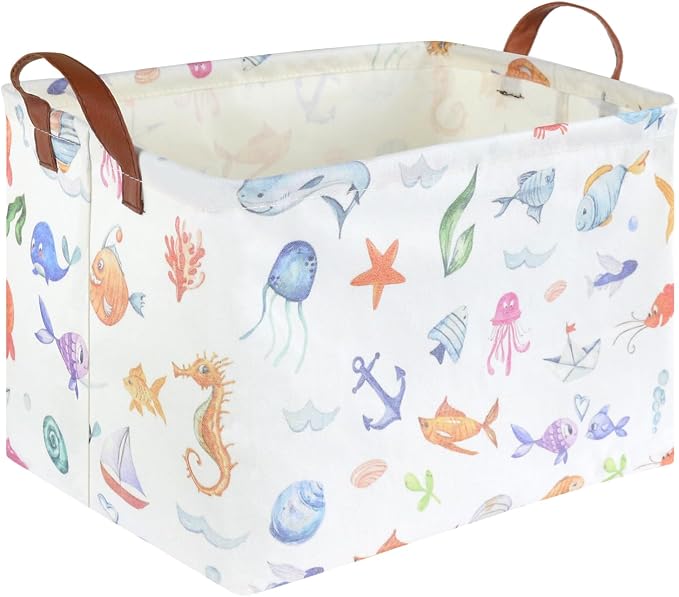 Rectangle Fish Basket, Ocean Animals Waterproof Kids foldable Laundry Basket by FXOCSHE