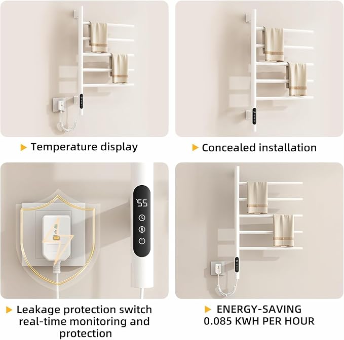 180°Rotation Electric Heated Towel Rack Wall Mounted Towel Warmer Racks 5 Bars - Image 6