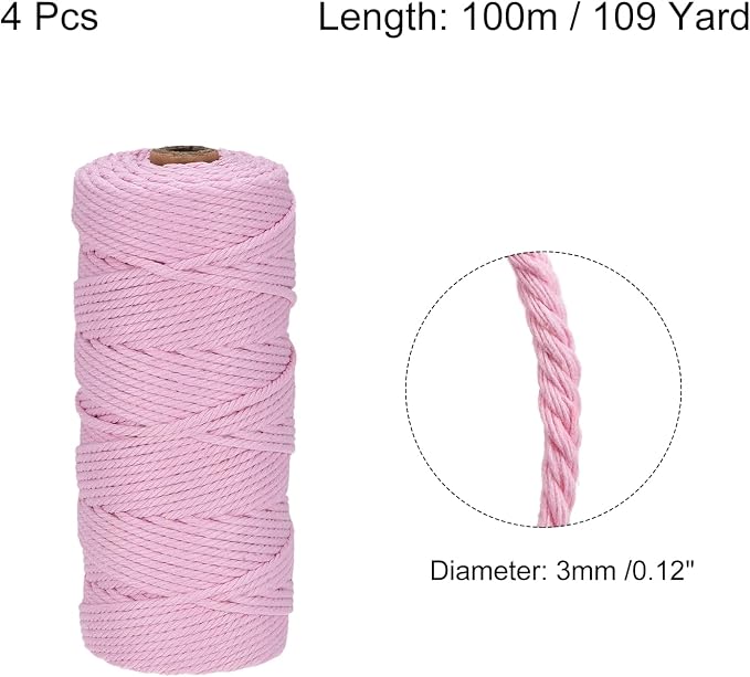 MECCANIXITY 4 Pcs Cotton Rope 4 Strand Twisted Braided Rope Cord, Bright Pink - Image 2