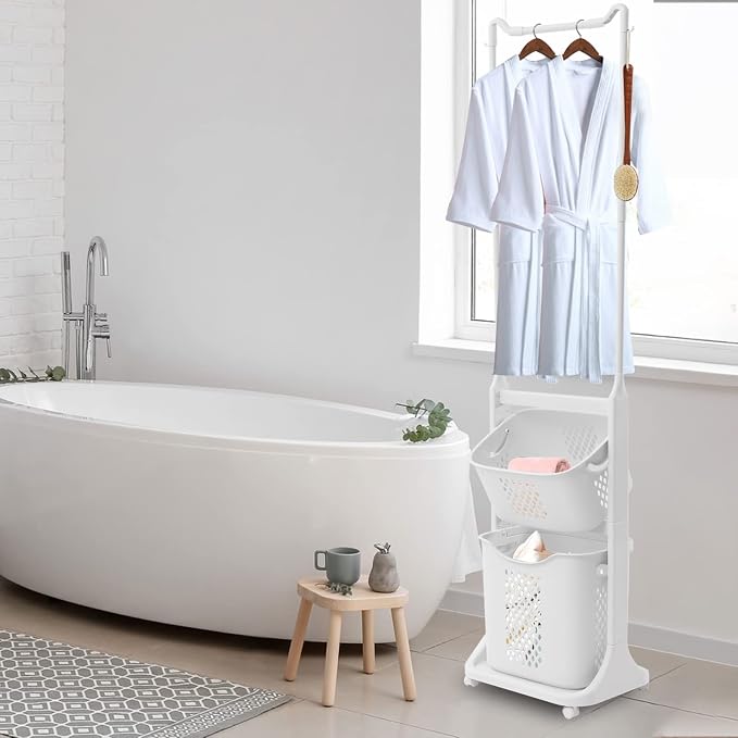 Laundry Sorter Cart with Clothes Rack 2 Layer Laundry Hamper Basket with - Image 3