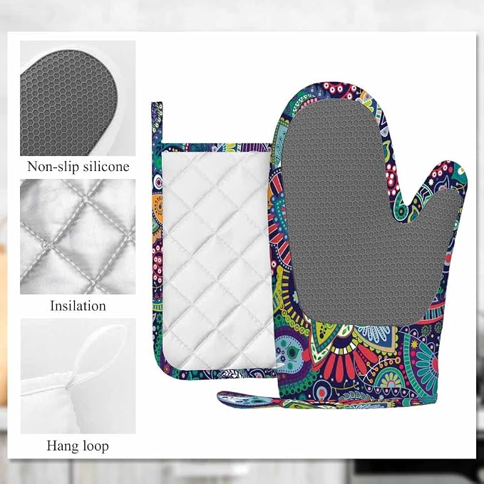Mxocom Paisley Stylized Flowers Oven Mitts and Pot Holders Sets Mandala Boho - Image 6
