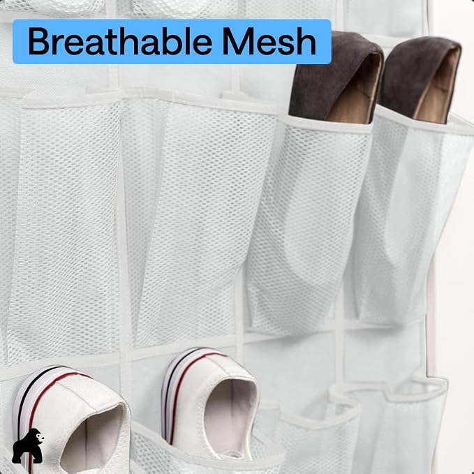 GORILLA GRIP Over the Door Shoe Organizer, 2 Pack, 24 Breathable Mesh Pockets - Image 5