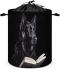 German Shepherd Wearing Headphones Reading Round Laundry Bag Collapsible by Unknown