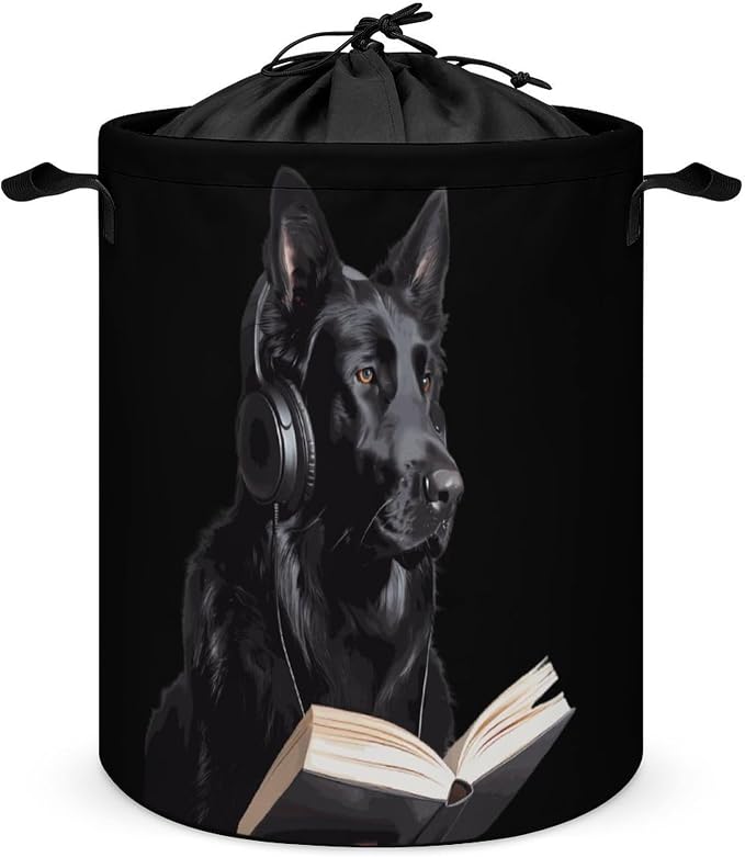 German Shepherd Wearing Headphones Reading Round Laundry Bag Collapsible by Unknown