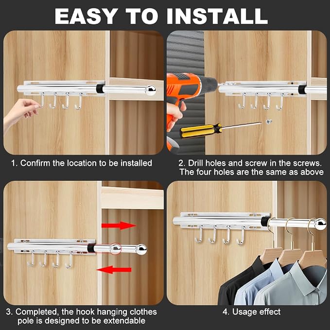 12 Inch Valet Rod for Closet Pull Out, Retractable Slide Out Clothes Hanger - Image 3