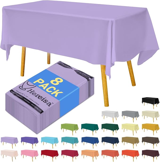 8-Count Lavender Disposable Plastic Tablecloths Rectangle 54x108 Inch by Hereisa