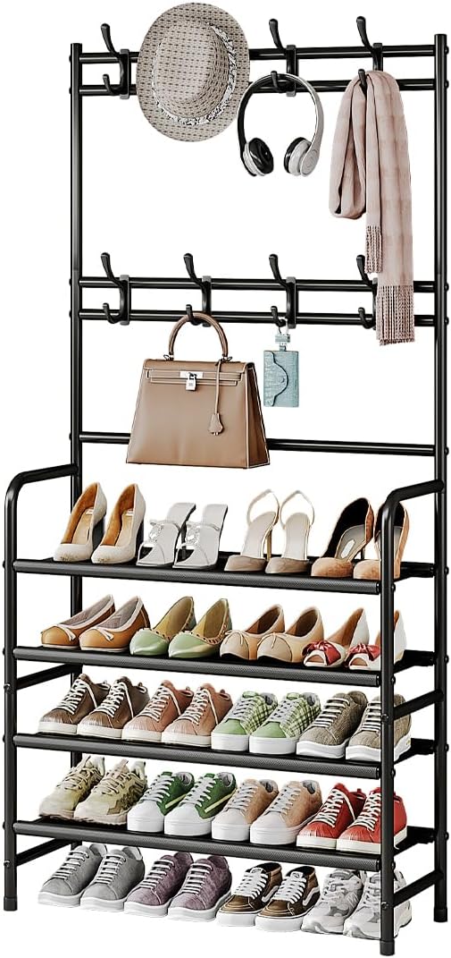 Coat Rack Shoe Rack With Storage Shelf Freestanding with 8 Hooks by YIZAIJIA