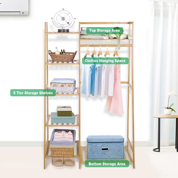 Ufine Bamboo Garment Rack 7-Tier Storage Shelves Clothes Hanging Rack, Heavy - Image 4